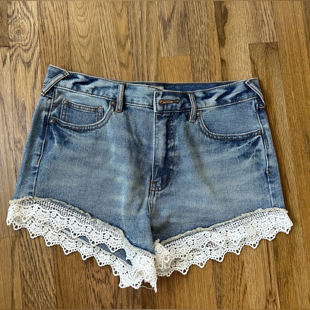 Free People Denim Shorts with Lace Trim